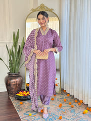 PURPLE COLOURED  WOMEN'S  REYON   EMBROIDERED  KURTA WITH PANT DUPATTA SET