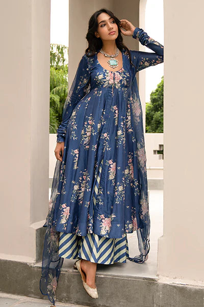Falak Blue Front Open Floral Anarkali with Palazzo and Dupatta