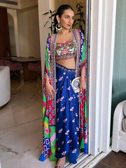 Embelished Indica Dhoti Skirt Paired With Embriodered Bralette & Cape