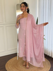 PINK  COLOURED  WOMEN'S PURE COTTON  KURTA  WITH PANT DUPATTA  SET