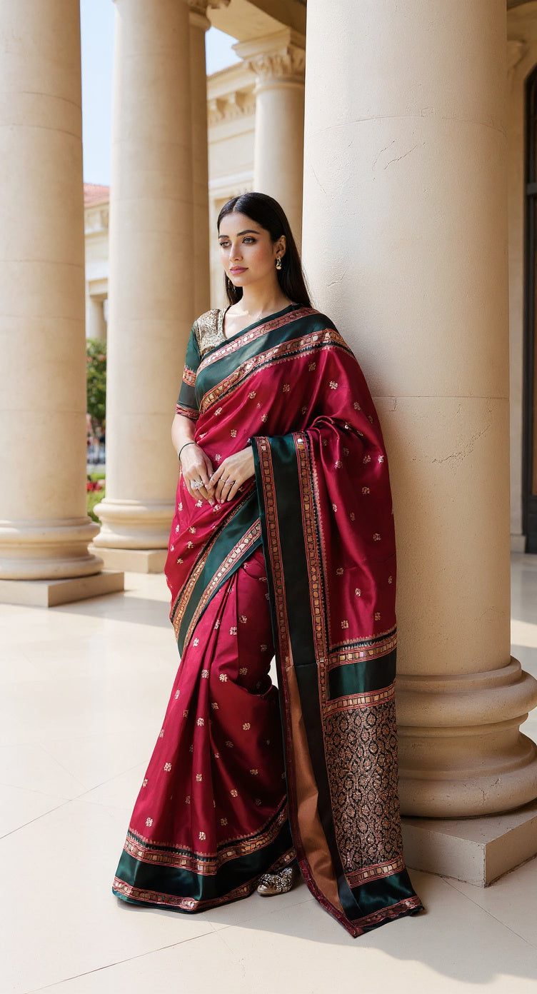 THE BANARASI SAREEIS MADE UP OF SILK THREADS WOVEN USING