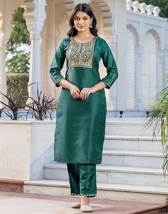 SKYLEE Women’s Dark Green Silk Blend Kurta Set with Embroidery, Pants & Dupatta | Ethnic Wear Malaysia | Festive & Wedding Outfit