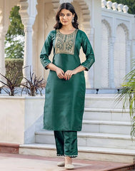 SKYLEE Women’s Dark Green Silk Blend Kurta Set with Embroidery, Pants & Dupatta | Ethnic Wear Malaysia | Festive & Wedding Outfit