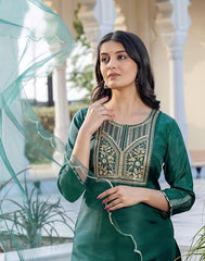 SKYLEE Women’s Dark Green Silk Blend Kurta Set with Embroidery, Pants & Dupatta | Ethnic Wear Malaysia | Festive & Wedding Outfit