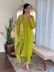 PISTA  COLOURED  WOMEN'S  REYON EMBROIDERED  KURTA WITH PANT DUPATTA SET