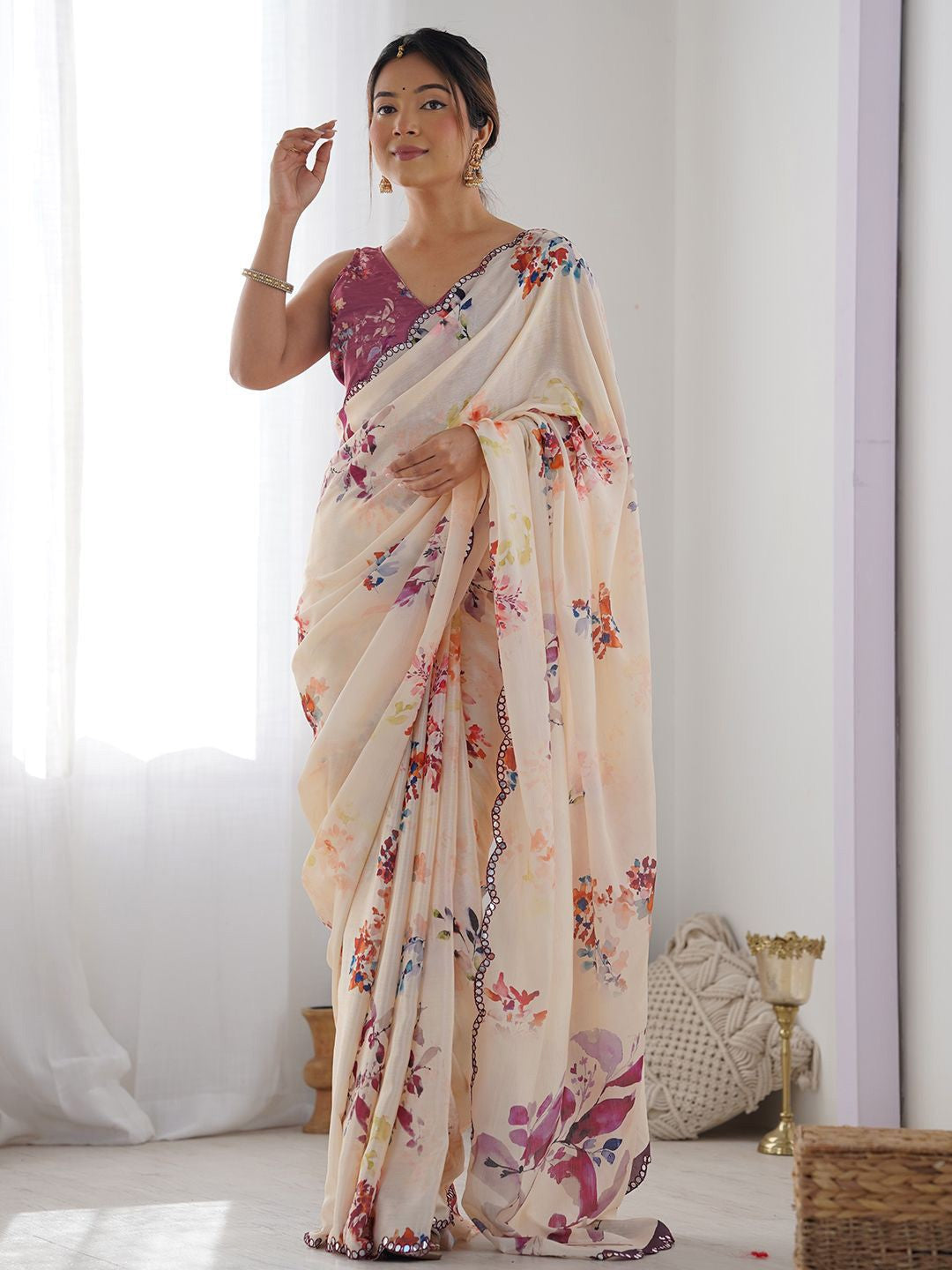 crean flower  Color georgette  Saree With Sequence Work