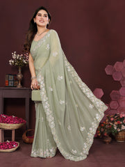 PISTA Color georgette  Saree With Sequence Work