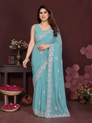 TURQUOISE BLUE Color georgette  Saree With Sequence Work