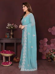 TURQUOISE BLUE Color georgette  Saree With Sequence Work