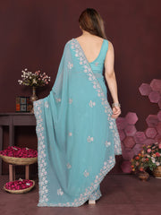 TURQUOISE BLUE Color georgette  Saree With Sequence Work