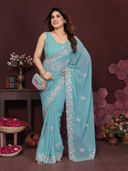 TURQUOISE BLUE Color georgette  Saree With Sequence Work