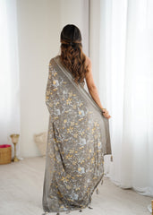 Grey Color Mossatin Saree With Sequence Work