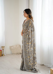 Grey Color Mossatin Saree With Sequence Work