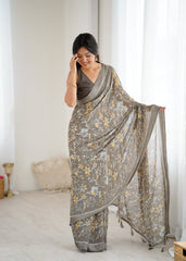 Grey Color Mossatin Saree With Sequence Work