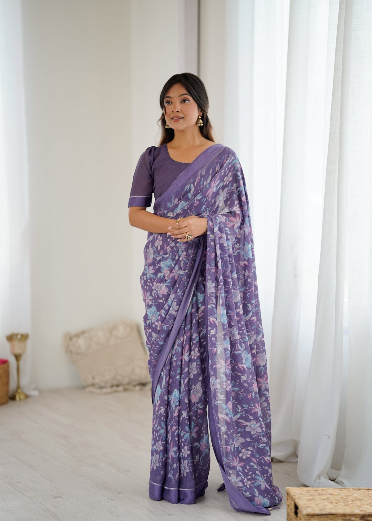 lavender Color Mossatin Saree With Sequence Work