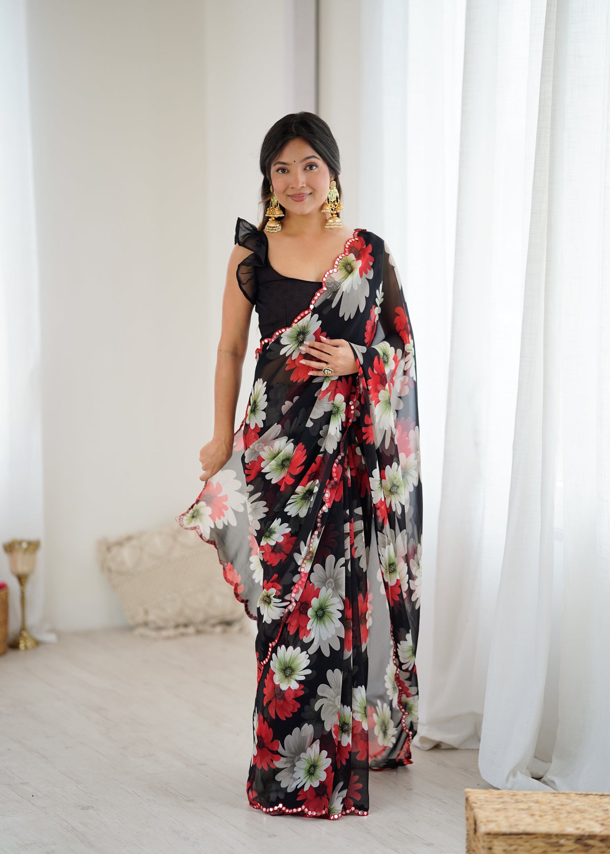 black Color georgette  Saree With Sequence Work