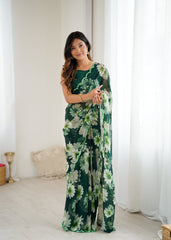 green Color georgette  Saree With Sequence Work