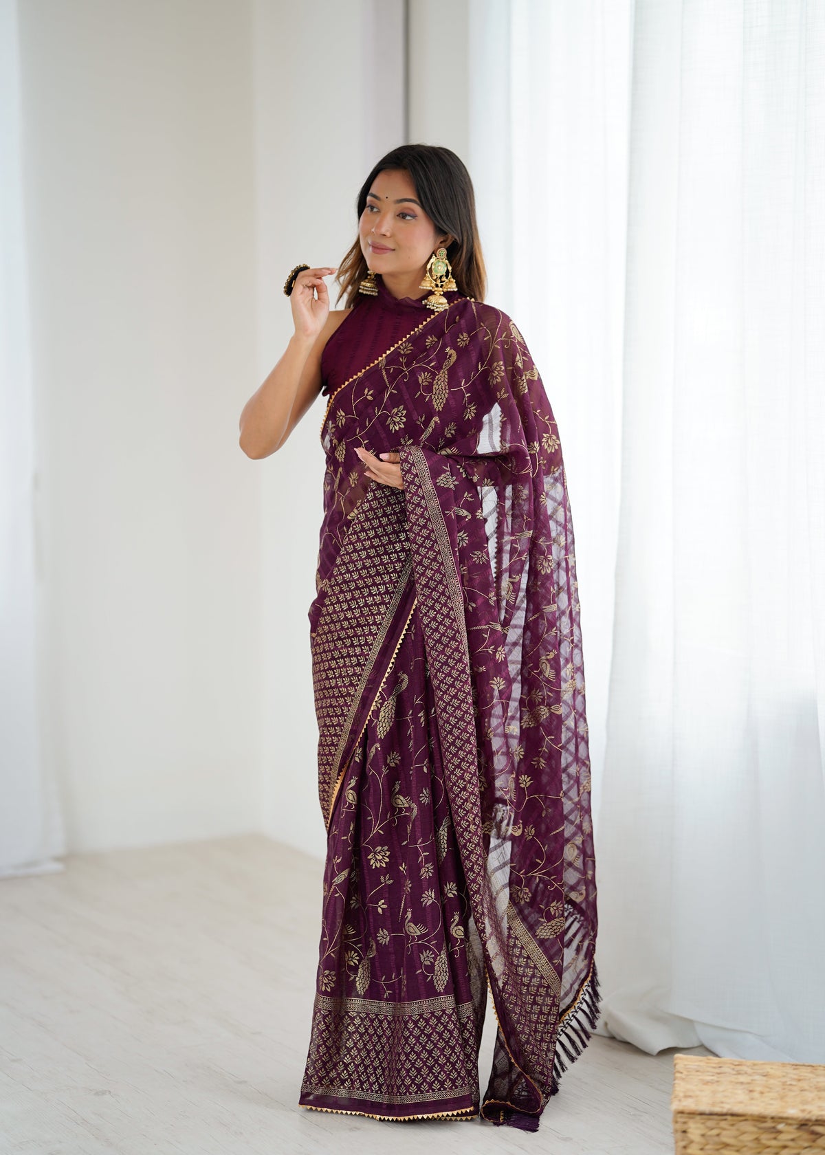 wine Color georgette  Saree With Sequence Work