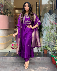 PURPLE COLOURED VISCOSE CHANDERI SILK WEAR KURTA SET