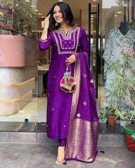 PURPLE COLOURED VISCOSE CHANDERI SILK WEAR KURTA SET