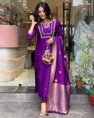 PURPLE COLOURED VISCOSE CHANDERI SILK WEAR KURTA SET