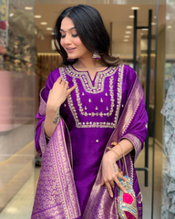 PURPLE COLOURED VISCOSE CHANDERI SILK WEAR KURTA SET
