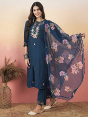 BLUE COLOURED VISCOSE CHANDERI SILK WEAR KURTA SET