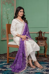 WHITE COLOURED  WOMEN'S ROMAN SILK EMBROIDERED  KURTA WITH PANT DUPATTA SET