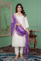 WHITE COLOURED  WOMEN'S ROMAN SILK EMBROIDERED  KURTA WITH PANT DUPATTA SET