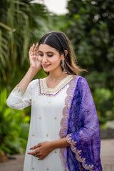 WHITE COLOURED  WOMEN'S ROMAN SILK EMBROIDERED  KURTA WITH PANT DUPATTA SET