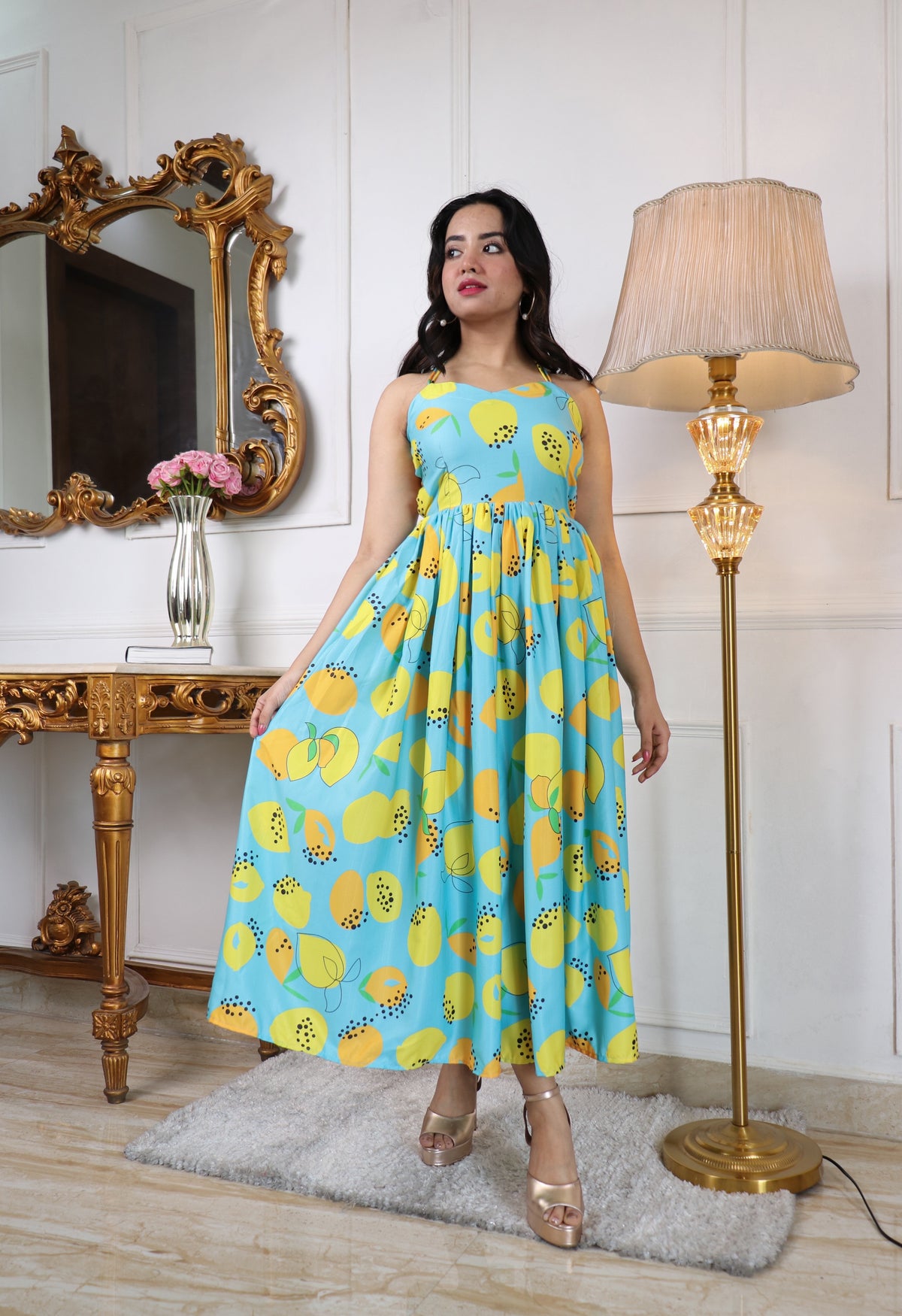 Floral Printed Halter Neck Backless Fit & Flare Midi Dress for Women | Turquoise Blue Chiffon Party & Casual Dress Malaysia