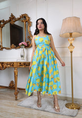 Floral Printed Halter Neck Backless Fit & Flare Midi Dress for Women | Turquoise Blue Chiffon Party & Casual Dress Malaysia