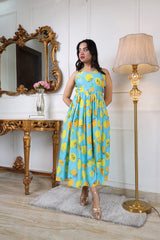 Floral Printed Halter Neck Backless Fit & Flare Midi Dress for Women | Turquoise Blue Chiffon Party & Casual Dress Malaysia