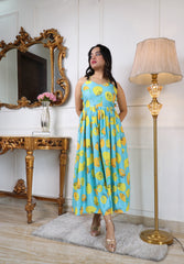 Floral Printed Halter Neck Backless Fit & Flare Midi Dress for Women | Turquoise Blue Chiffon Party & Casual Dress Malaysia