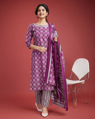 Printed Slub Cotton Kurta Set with Trousers & Dupatta | Women’s Festive & Casual Wear Malaysia