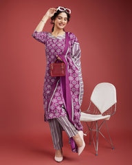 Printed Slub Cotton Kurta Set with Trousers & Dupatta | Women’s Festive & Casual Wear Malaysia