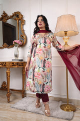 Digital Printed Embroidered Organza Kurta with Trouser & Dupatta | Women’s Stitched 3-Piece Ethnic Set Malaysia | Festive & Party Wear