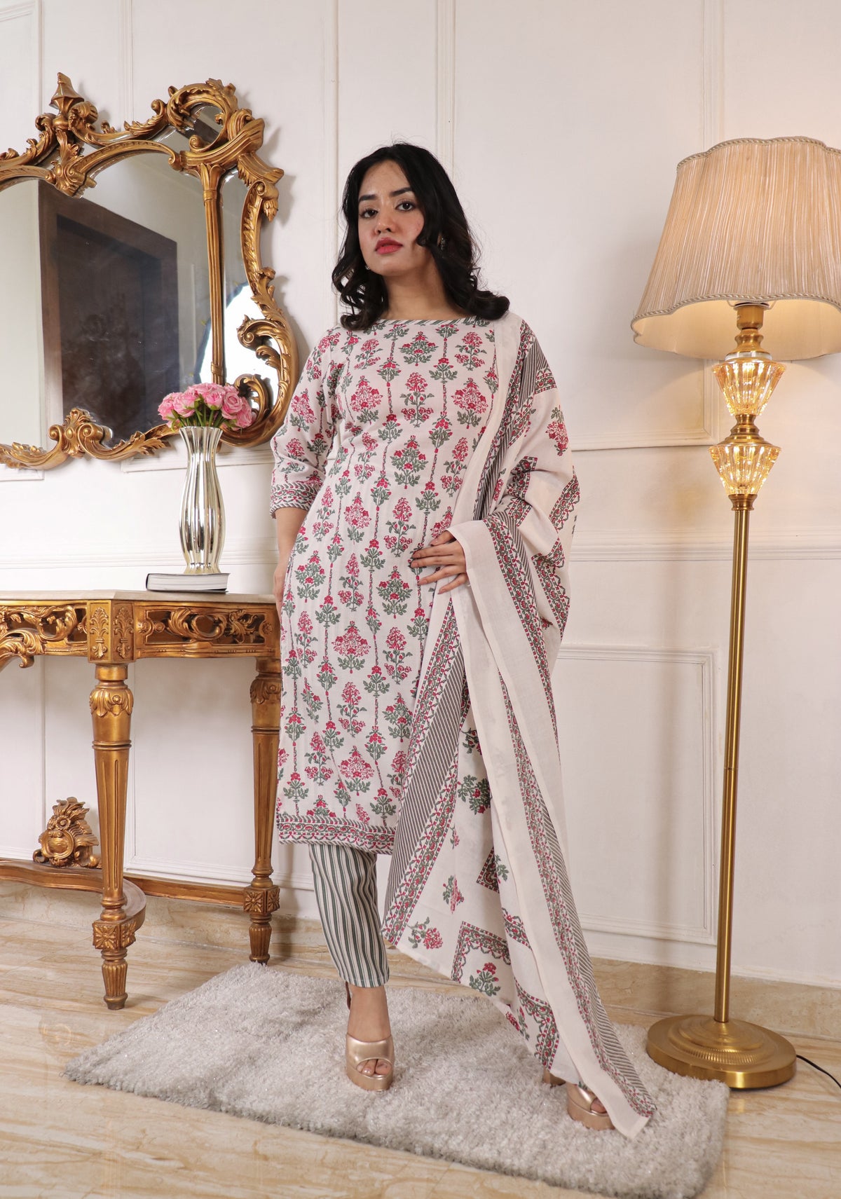 Floral Printed White Cotton Blend Straight Kurta with Trouser & Dupatta | Women’s Ethnic 3-Piece Set Malaysia | Festive & Casual Wear