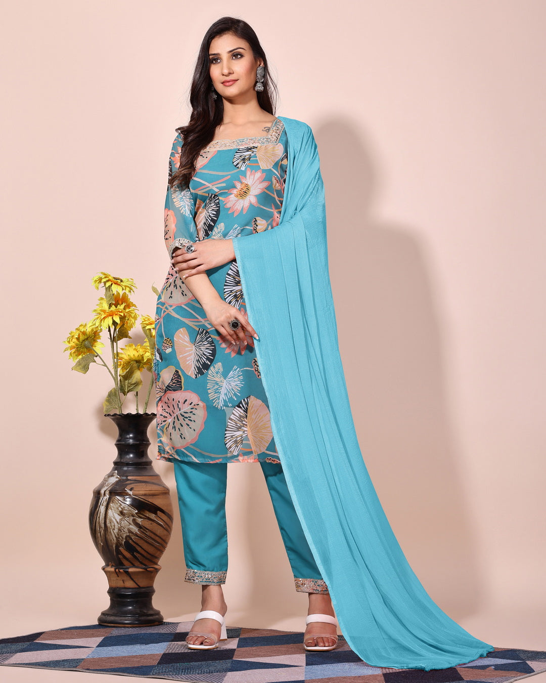 Premium Tabby Organza Floral Printed Embroidered Kurta Set with Chanderi Trouser & Nazbin Dupatta | Festive & Party Wear Suit for Women Malaysia