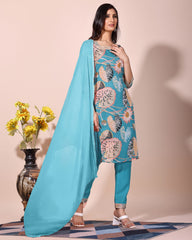 Sky blue floral printed kurta with pant duptta