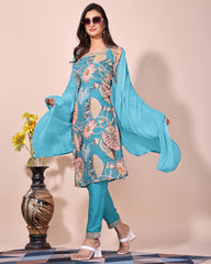 Sky blue floral printed kurta with pant duptta