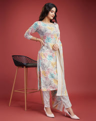 Whit Printed Straight Kurta With Pant & Dupatta
