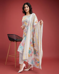Whit Printed Straight Kurta With Pant & Dupatta