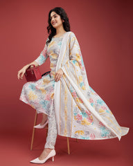 Whit Printed Straight Kurta With Pant & Dupatta