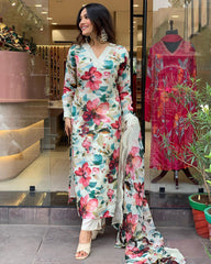 V-Neck Floral Printed kurta Set & Dupatta