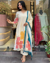 V-Neck Floral Printed kurta Set with Dupatta