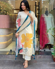 V-Neck Floral Printed kurta Set with Dupatta