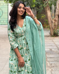 V-Neck Sky blue Cotton Anarkali Set with Chanderi Dupatta