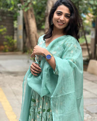 V-Neck Sky blue Cotton Anarkali Set with Chanderi Dupatta