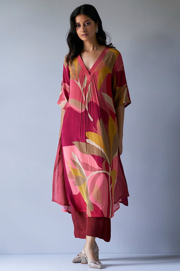 Maroon Crepe Silk Printed Co-ord Set for Women | Loose Fit Top &amp; Bottom | Party &amp; Casual Wear Malaysia